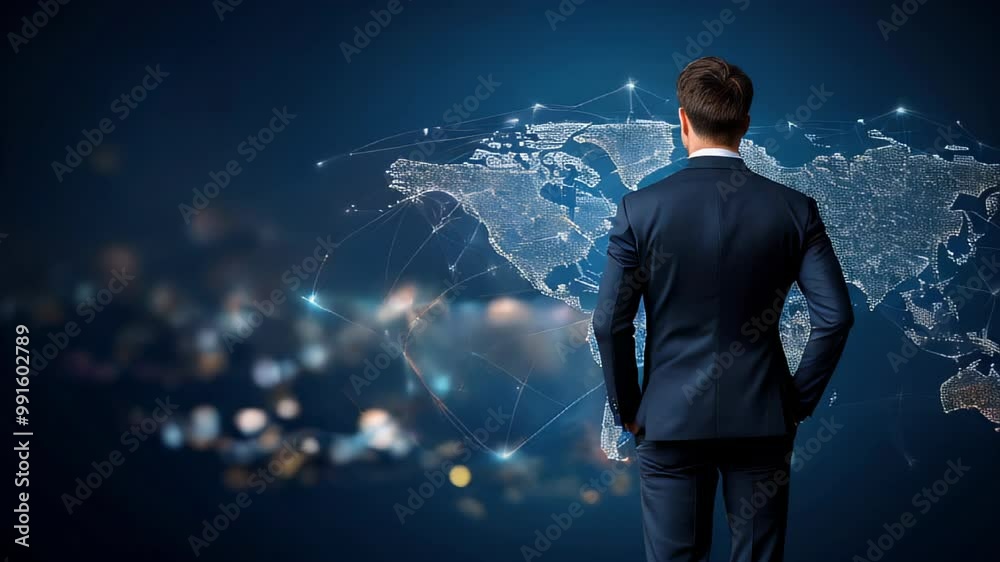 A businessman stands confidently in front of a glowing world map, contemplating global opportunities in a modern digital environment A businessman stands confidently in front of a glowing world map, contemplating global opportunities in a modern digital environment