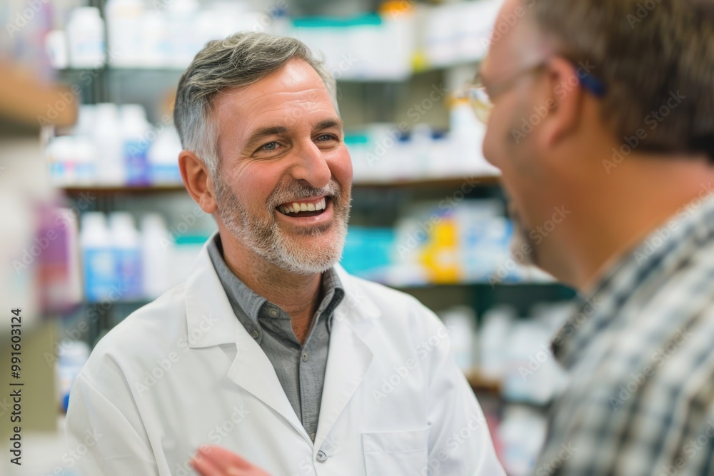 Two men in lab coats having a conversation, likely in a scientific or medical setting Two men in lab coats having a conversation, likely in a scientific or medical setting