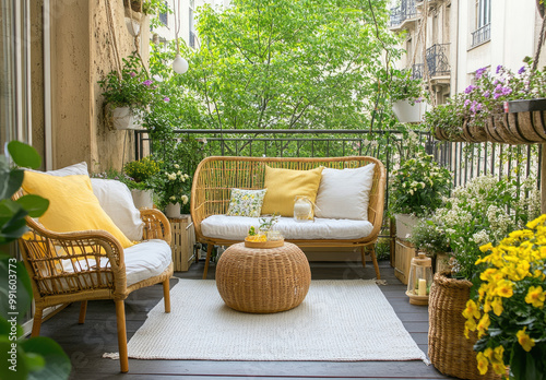 Design an apartment balcony with wooden furniture, yellow and white colors, potted plants, and shelves for outdoor living space ideas.