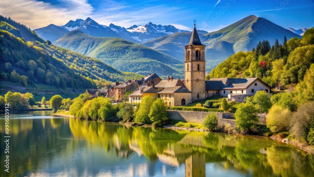 Fototapeta premium Sunny day in the Pyrenees mountains with flood trees, church tower, and river views overlooking the village from the reservoir