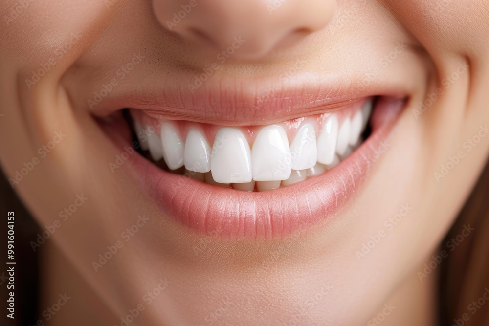 Fototapeta premium A close up shot of a woman's smiling face with white teeth, suitable for use in advertising or editorial content