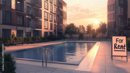 A modern residential complex with a swimming pool, 