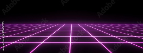 Digital grid stretching into the distance, soft neon light casting reflections across the virtual surface