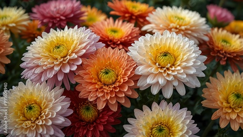 Colorful chrysanthemums in full bloom.