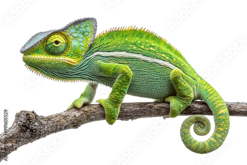 A vibrant green chameleon perched on a branch, showcasing its distinct texture and colors, with a curled tail and an expressive eye
