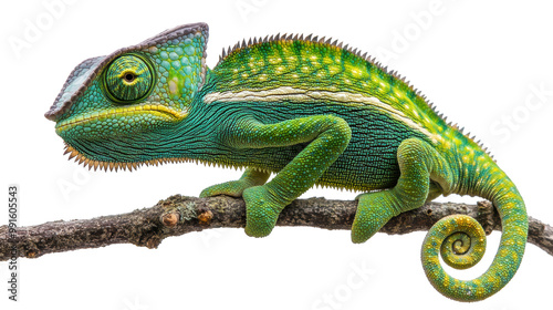 A vibrant chameleon with green and blue scales, perched on a branch, showcasing its unique texture and color