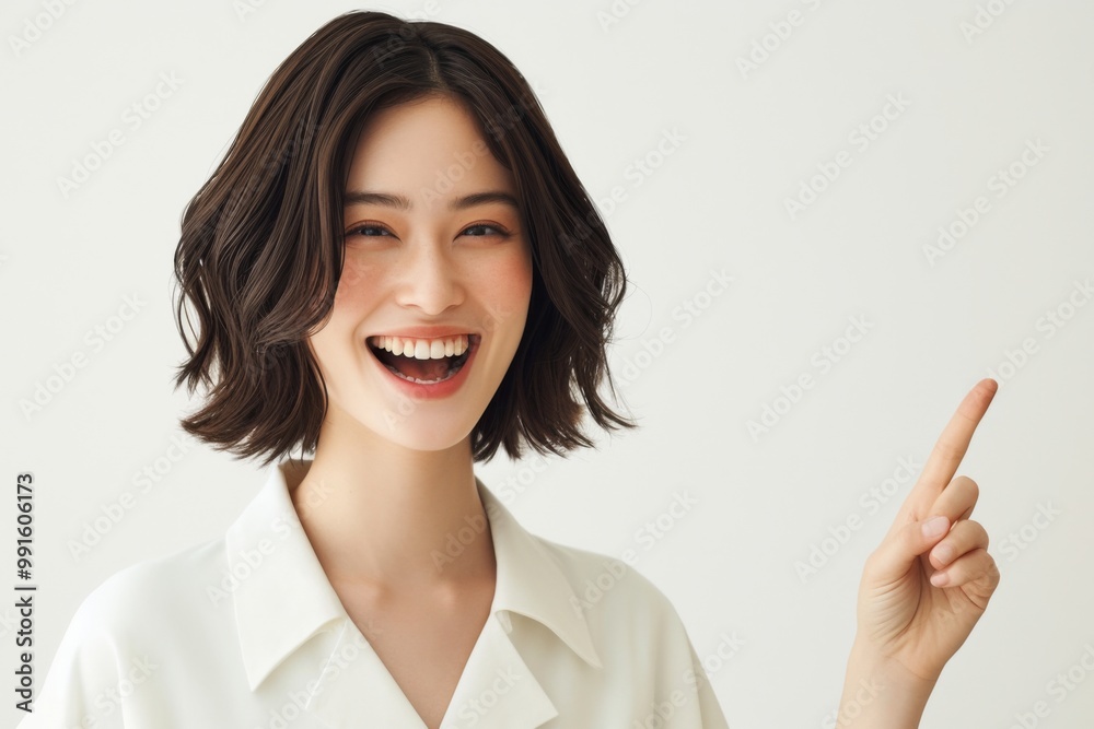 A smiling Asian woman points to the side against a clean white background, showcasing her natural beauty and genuine expression. A smiling Asian woman points to the side against a clean white background, showcasing her natural beauty and genuine expression.
