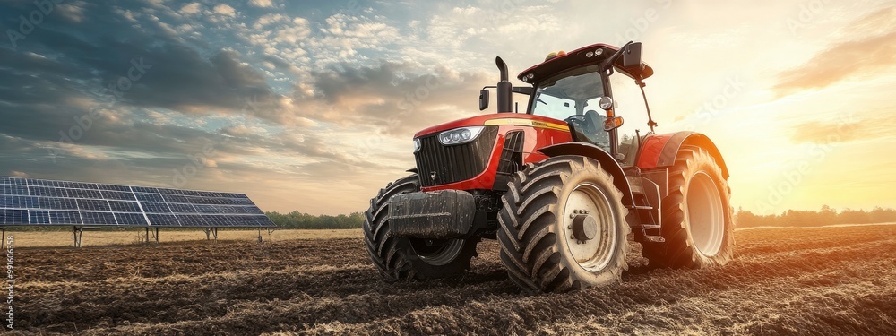 Obraz premium Electric tractor working on a farm, solar panels powering nearby equipment, soft natural light from the sky