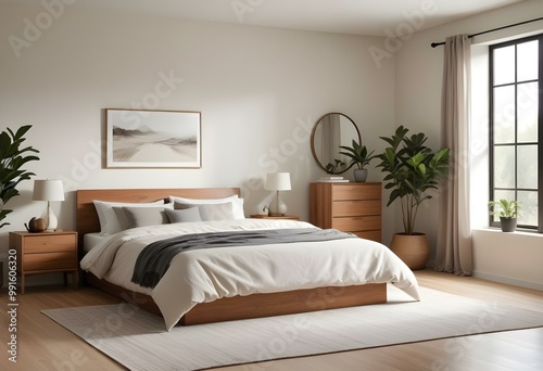 A modern and minimalist bedroom with a wooden headboard, white bedding, and circular wall decor elements 