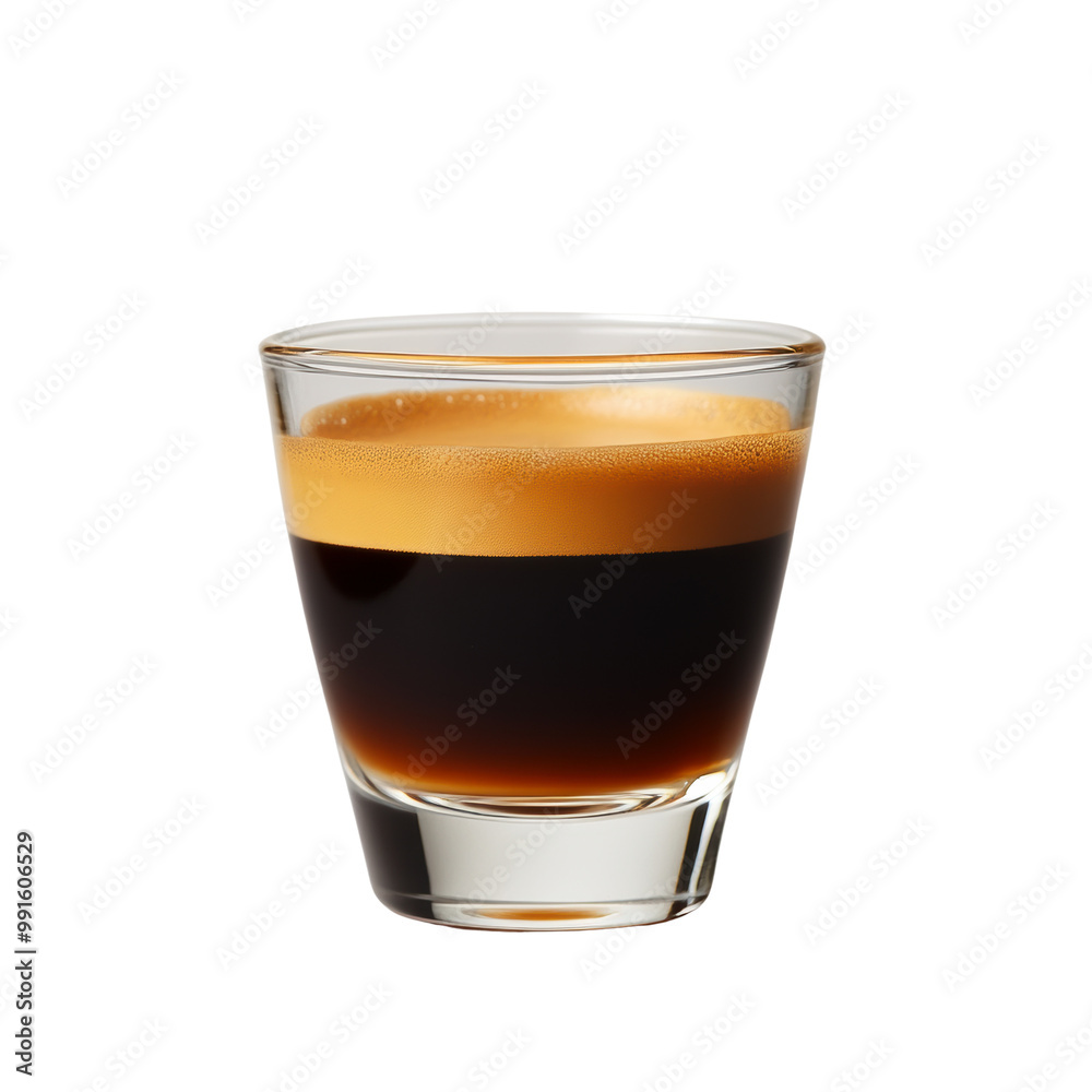 A layered espresso shot served in a clear glass, showcasing a rich black base with a golden crema on top, highlighting the drink's texture and color contrast A layered espresso shot served in a clear glass, showcasing a rich black base with a golden crema on top, highlighting the drink's texture and color contrast