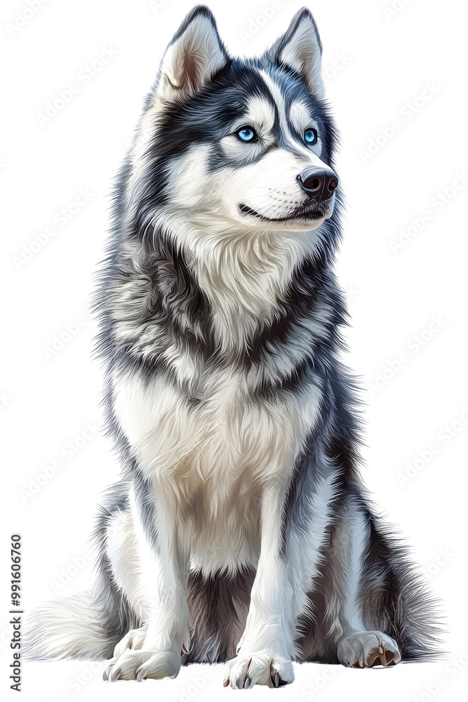 A majestic Siberian Husky with striking blue eyes and a thick coat of fur, sitting gracefully and showcasing its noble demeanor A majestic Siberian Husky with striking blue eyes and a thick coat of fur, sitting gracefully and showcasing its noble demeanor