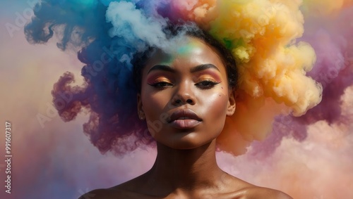 Young woman with Afro and pastel smoke overlay