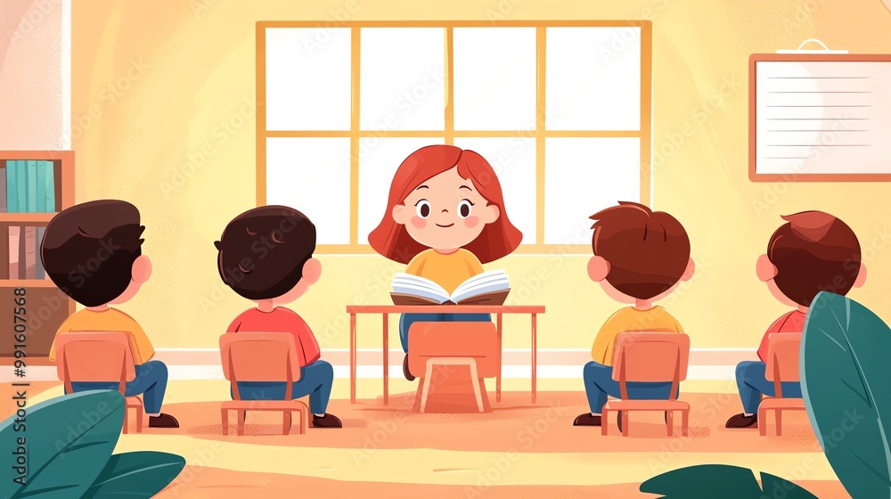 Children engaging in storytelling session with a teacher, warm classroom setting. Children engaging in storytelling session with a teacher, warm classroom setting.