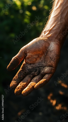 Close-up of a Dirty Hand Covered in Soil.