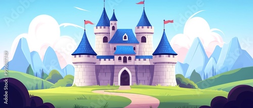 Colorful cartoon castle with peaks, cloud backdrop, and vibrant landscape. photo