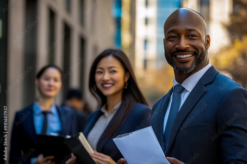 An African American man and an Asian woman in business attire, smiling and holding office documents. An African American man and an Asian woman in business attire, smiling and holding office documents.