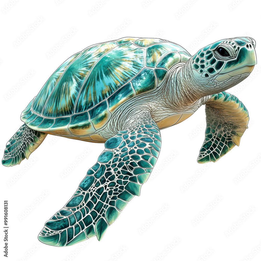 Fototapeta premium A beautifully illustrated turtle gliding through water, showcasing vibrant turquoise and green colors on its shell and skin, highlighting its graceful demeanor and aquatic habitat
