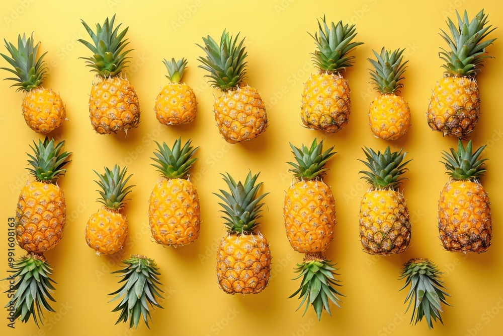 Pineapple Paradise: A vibrant, playful arrangement of pineapples of varying sizes creates a cheerful, tropical pattern against a sunny yellow background. Pineapple Paradise: A vibrant, playful arrangement of pineapples of varying sizes creates a cheerful, tropical pattern against a sunny yellow background.