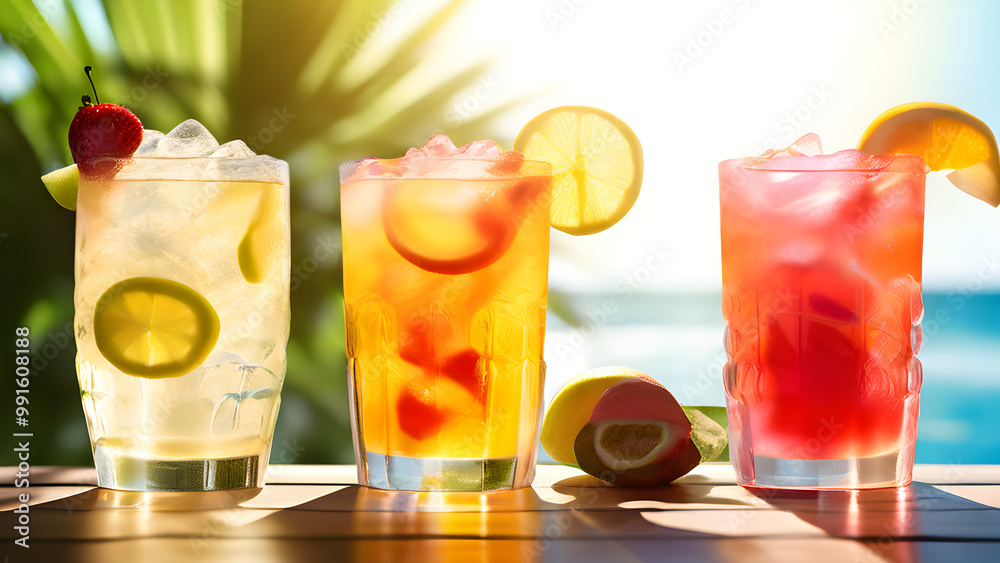A row of summer tropical holiday cocktails on a bright background with hard directional sun shadow A row of summer tropical holiday cocktails on a bright background with hard directional sun shadow