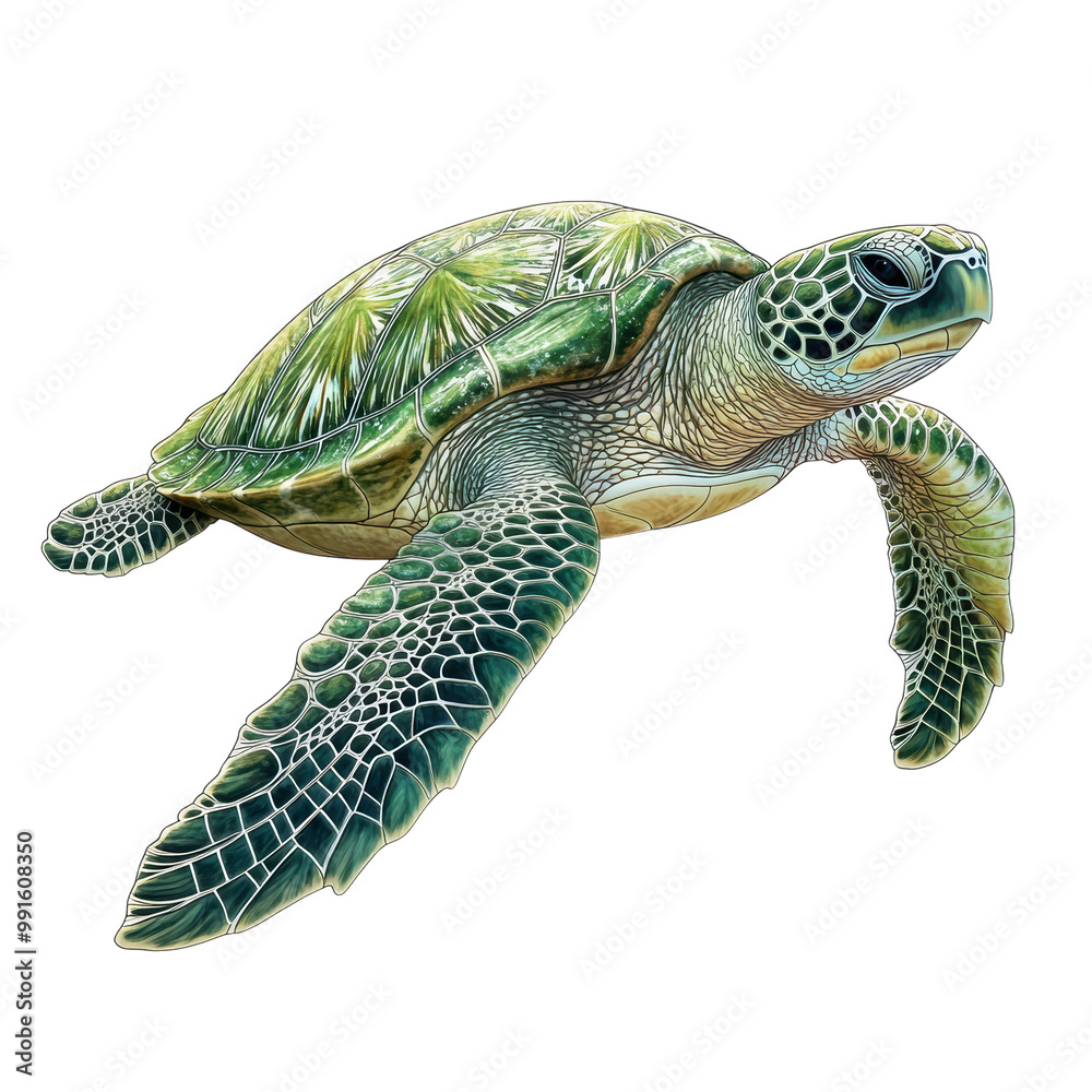 Fototapeta premium A detailed illustration of a green sea turtle gracefully swimming, showcasing intricate patterns and vibrant colors on its shell and body