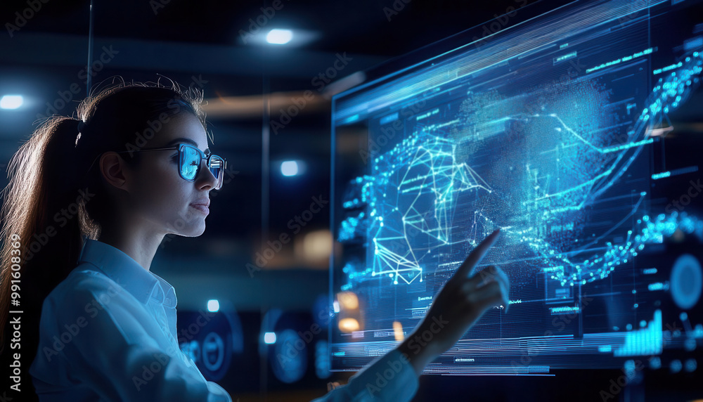 Woman in glasses using a futuristic touchscreen interface.