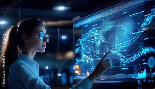 Woman in glasses using a futuristic touchscreen interface.