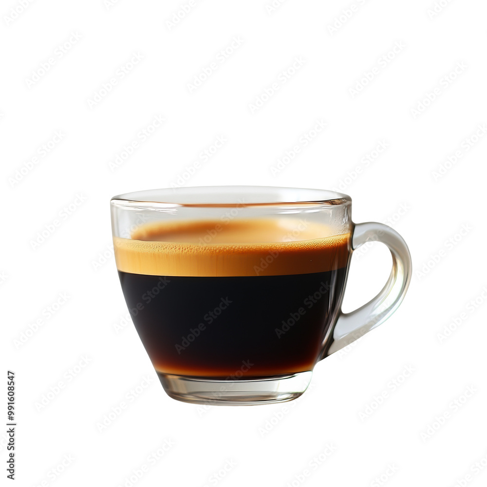 A clear cup filled with a rich, dark beverage topped with a creamy layer, showcasing the distinct separation of coffee layers and a glossy surface A clear cup filled with a rich, dark beverage topped with a creamy layer, showcasing the distinct separation of coffee layers and a glossy surface