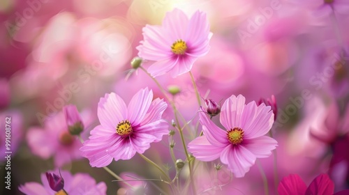 Pink cosmos flowers in soft focus with blurred background. Nature and floral photography for design and greeting cards.