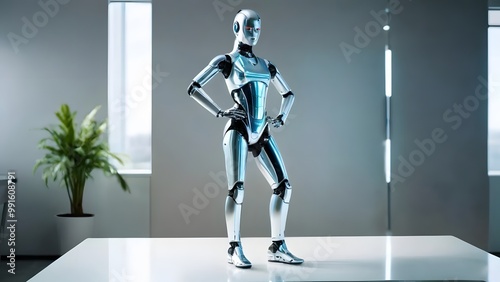 cyborg woman stands in the office