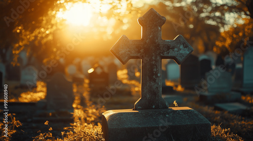 A cemetery with a cross on a tombstone