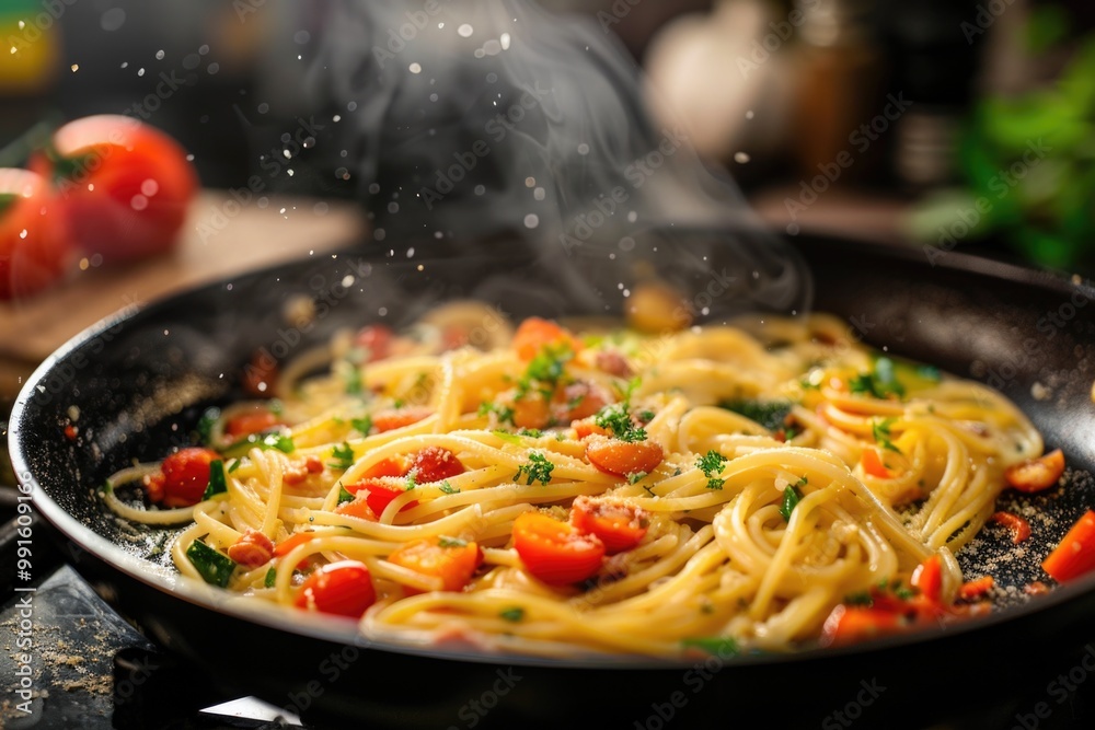 Pasta being cooked with vegetables on a stove Pasta being cooked with vegetables on a stove