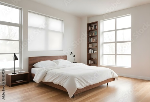 A modern and minimalist bedroom with a large bed, white bedding, and a blank wall above the headboard. The room has large windows that let in natural light, and there is a bookshelf on one side. 