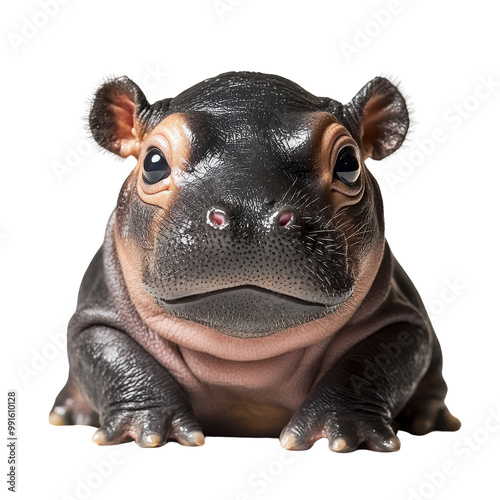 A cute pygmy hippopotamus with a rounded face and prominent eyes, showcasing its distinctive skin texture and features in a frontal view