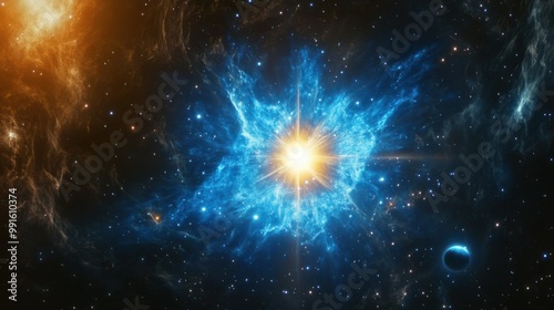 Young blue star burning brightly in a dense star cluster, surrounded by cosmic dust and forming planets