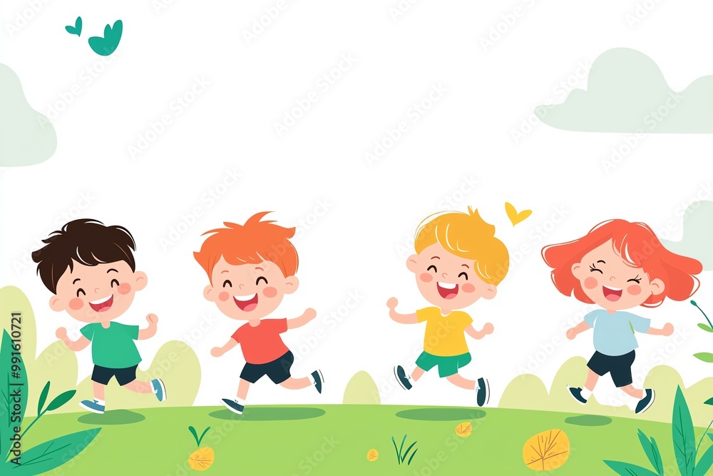 Four happy children running together in a sunny outdoor setting with greenery. Four happy children running together in a sunny outdoor setting with greenery.