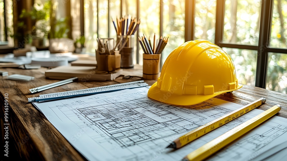 A meticulously organized architect's desk featuring detailed blueprints, drafting pencils neatly placed beside rulers, and a bright yellow hard hat resting on the side.