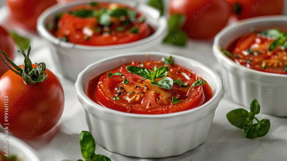 A table set with bowls of warm tomato soup, ready for serving A table set with bowls of warm tomato soup, ready for serving