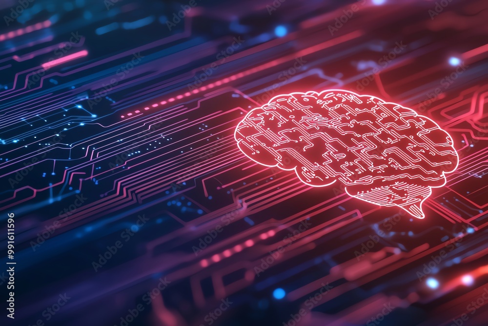Neon brain icon over digital circuit background, representing AI and ...