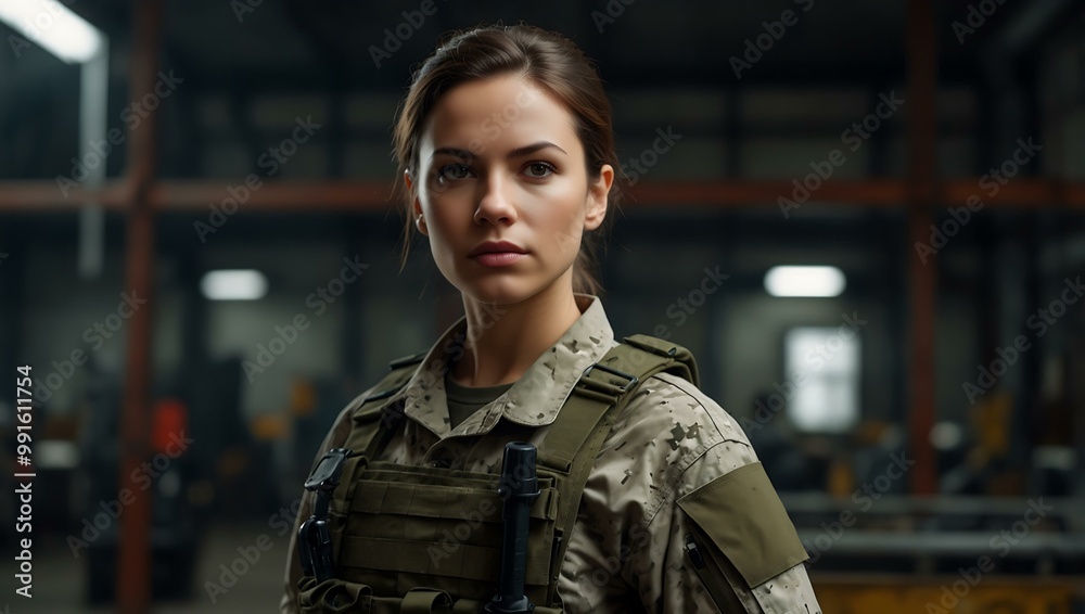 Confident female soldier in an industrial setting. Confident female soldier in an industrial setting.