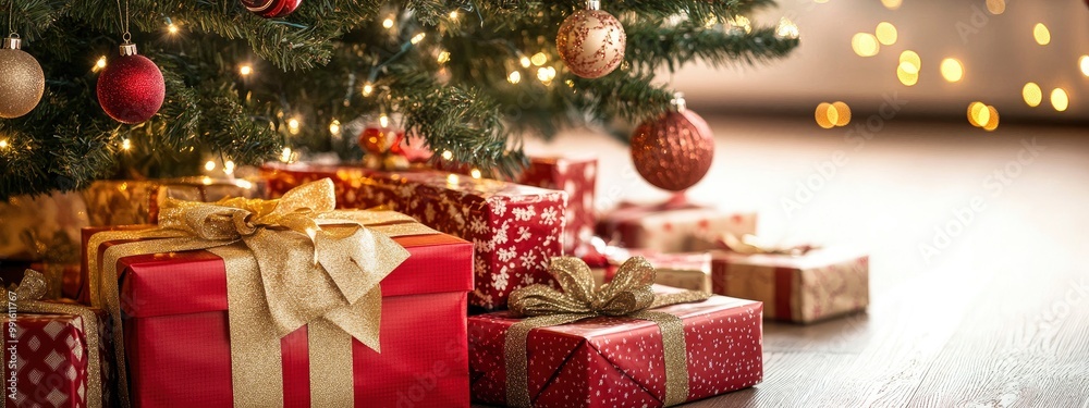 Red and gold wrapped Christmas presents, piled under a decorated tree, twinkling lights reflecting off the wrapping paper Red and gold wrapped Christmas presents, piled under a decorated tree, twinkling lights reflecting off the wrapping paper