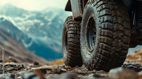 Close-up of off-road tires on an overland vehicle, set against the backdrop of rugged terrain, symbolizing adventure and exploration in nature