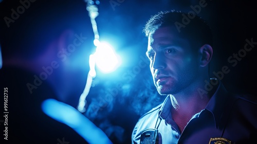 A police officer is questioning a man who is suspected of a crime. The officer shines a bright light on the man's face. The man, who is wearing handcuffs, is giving information to the police.