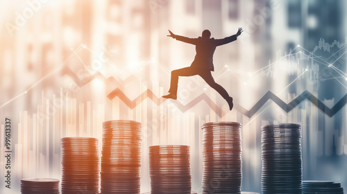 Businessman jumping over stacks of coins, Concept of risk, success and growth in business