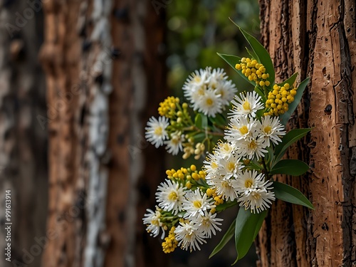 Cootamundra Wattle flowers and foliage against bark. photo