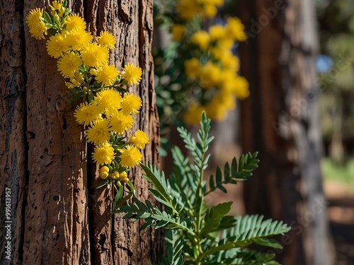 Cootamundra Wattle flowers and foliage against bark. photo