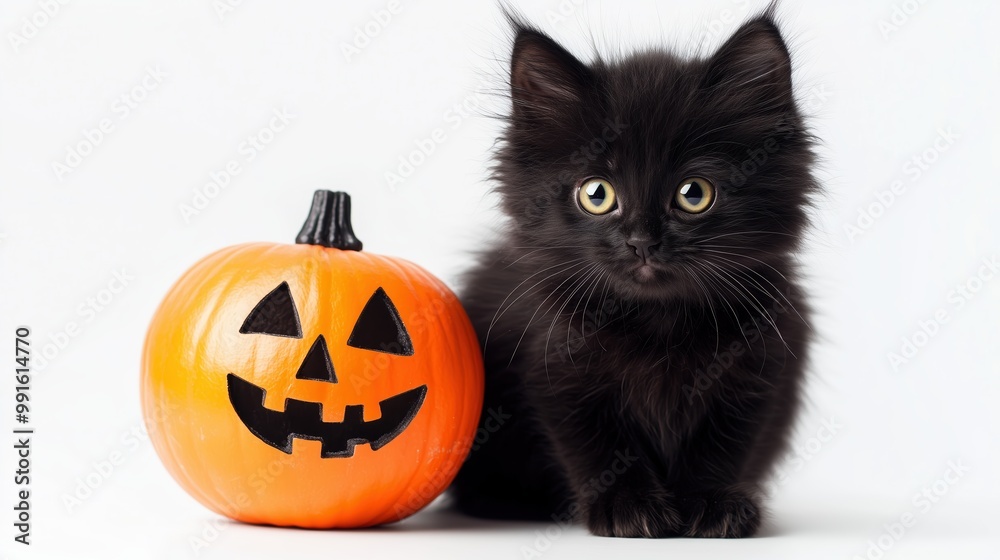 Long-haired black kitten with Halloween pumpkin on a white background Long-haired black kitten with Halloween pumpkin on a white background