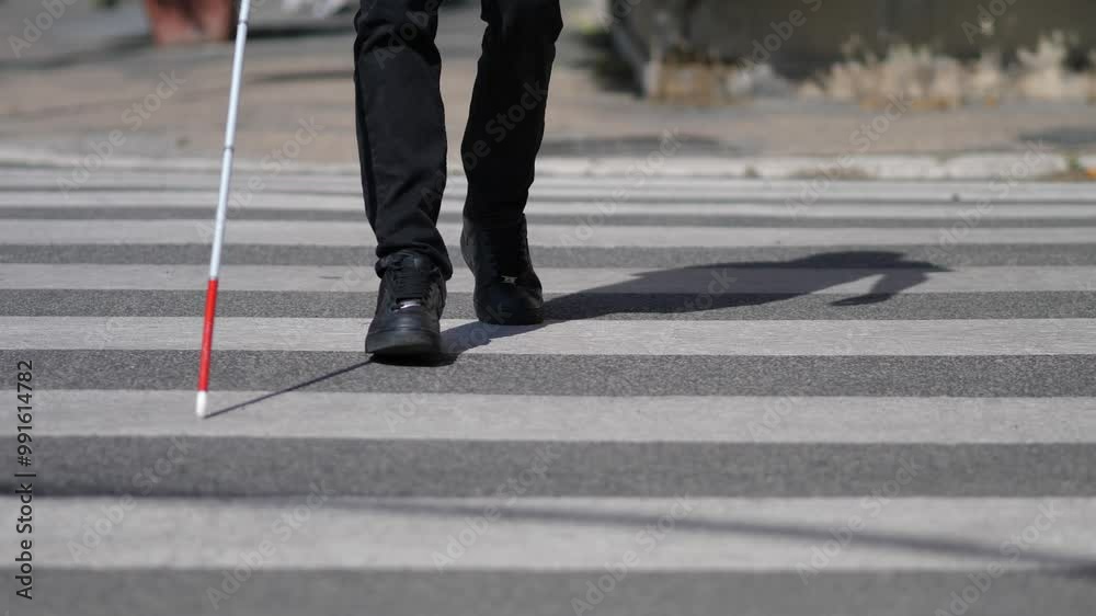A blind man navigates a busy street crosswalk with his cane, showing independence and skill in an urban environment. He moves cautiously yet confidently across. A blind man navigates a busy street crosswalk with his cane, showing independence and skill in an urban environment. He moves cautiously yet confidently across.
