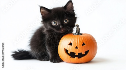 Long-haired black kitten with Halloween pumpkin on a white background