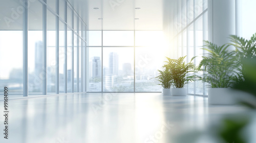 A modern, sleek glass wall with a chrome-framed square with a blank center, an empty room with a scenic view of the waterfront.