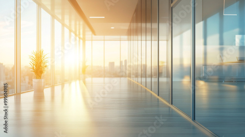 Beautiful blurred background of a light modern office interior with panoramic windows and beautiful lighting ,The square platform of urban modern building business office area.